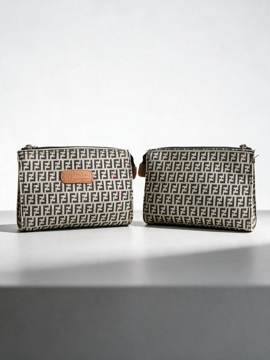 Fendi Handbags - Fendi Zucca Canvas Cosmetic Pouch Bag | Brown FF Logo Mini Bag | Made in Italy